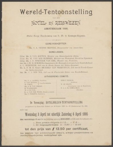 Prospectus voor de Wereldtentoonstelling voor het Hotel- en Reiswezen in 1895