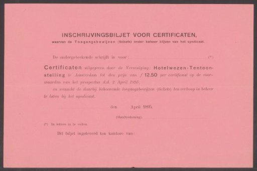 Inschrijvingsformulier voor certificaten voor de Wereldtentoonstelling voor het Hotel- en Reiswezen in 1895