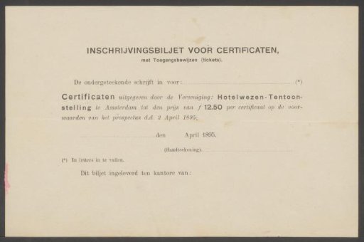 Inschrijvingsformulier voor certificaten voor de Wereldtentoonstelling voor het Hotel- en Reiswezen in 1895