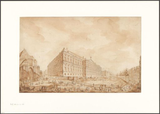 View of the rear of the Palace on the Dam and the New Church, seen from the Nieuwezijds Voorburgwal