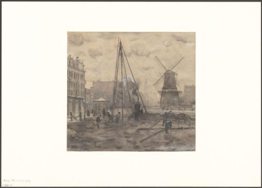 View of a street in Amsterdam, possibly the Marnixstraat with the mill De Victor