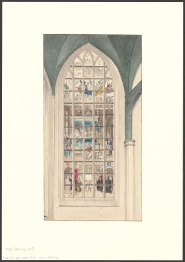 Interior of the Old Church with a window depicting the death of the Virgin