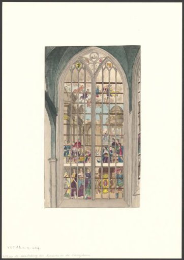 Interior of the Old Church with a window depicting the Adoration of the Shepherds