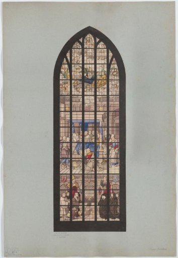 Stained glass window with the deathbed of Mary in the Oude Kerk in Amsterdam