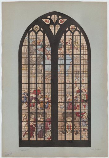 Stained glass window with the adoration of the shepherds in the Oude Kerk in Amsterdam