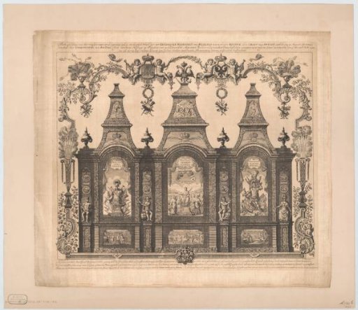 Allegorical structure for the fireworks celebrating the Peace of Nystad on the Binnen-Amstel in Amsterdam