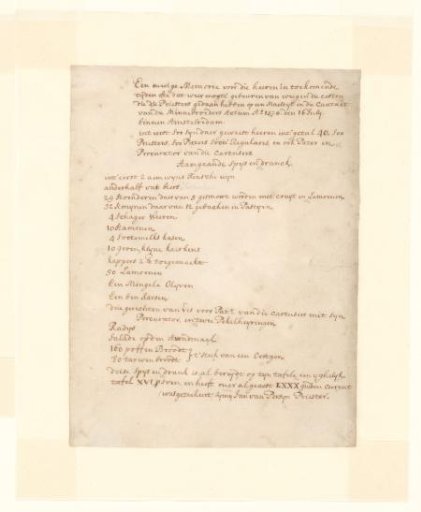 Transcription of an inventory list for the costs and quantities of food and drink