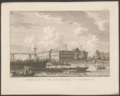 View of 's Lands Zeemagazijn in Amsterdam after the fire of 1791