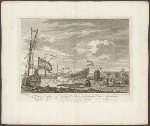 Launching of the ship De Zon in the presence of Willem V of Orange-Nassau and Wilhelmina of Prussia