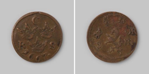 One-sixth öre silver coin from Sweden by Charles XI, 1667