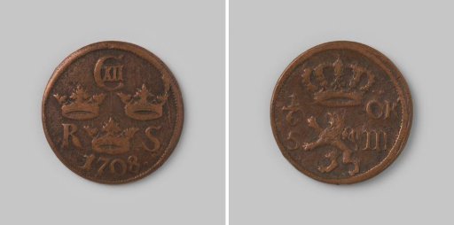 One-sixth öre silver coin from Sweden by Charles XII, 1708