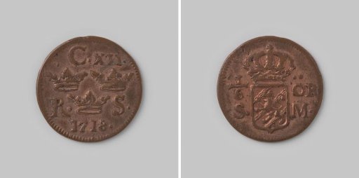 One-sixth öre silver coin from Sweden by Charles XII, 1718