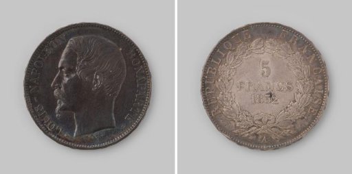 5 francs from France, the Second Republic with Louis Napoleon as President, 1852