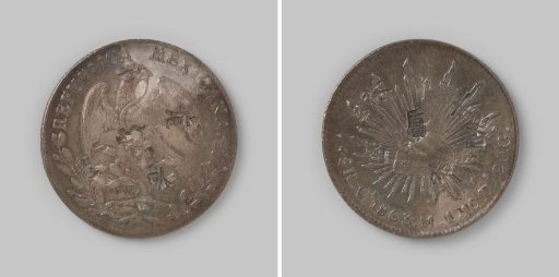 Peso or eight Reals from the Republic of Mexico, 1863, struck at Real de Catorce, with five and six Chinese characters stamped on the obverse and reverse respectively