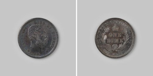 Dime [=1/10 dollar] or 10 kuneta from Hawaii or Sandwich Islands by Kalakaoewa I, 1883