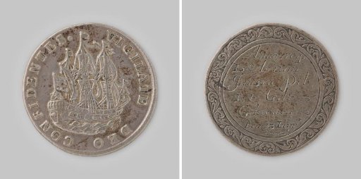 Ship's shilling worked into a medal on the admission of Abram Jansen Pil to a guild 1704