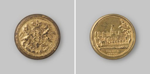 "Windsor Castle" box with miniature medals with portraits of members of the English royal family