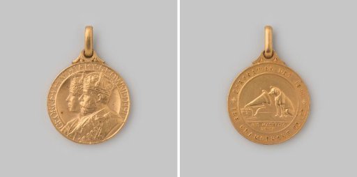 Coronation of King George V and Queen Mary of England - advertising medal of gramophone company His Masters Voice 1911