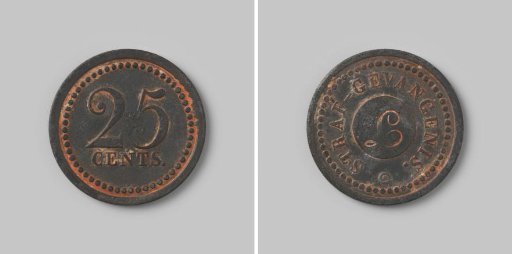 Payment token for Dutch penal prisons, twenty-five cents marked L (Leeuwarden)