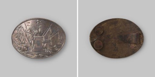 Oval worked plate with historical depiction on the front and attachment clip on the back