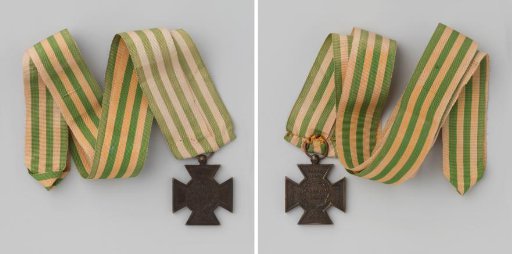 Metal cross with ribbon, presented by the officers of the militia in Utrecht to the marketentster widow Uitermerk, on the occasion of the 50th anniversary of the Ten Days' Campaign