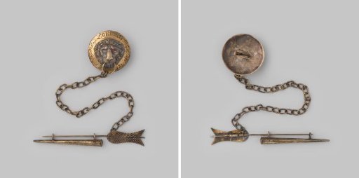 Prize medal with large needle, case, chain and lion's head