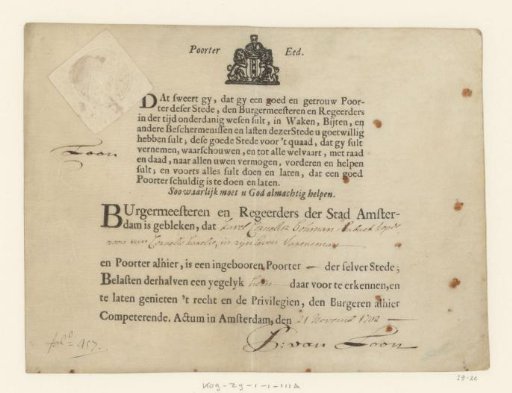 Amsterdam citizen's certificate for Karel Cornelisz Bouman, 1702