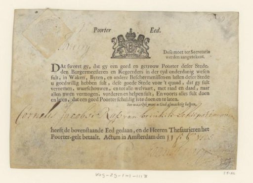 Amsterdam citizen's certificate for Cornelis Jacobs Rap van Brink, 1735