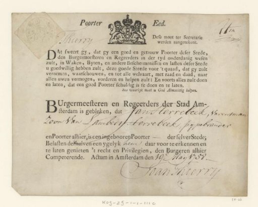 Amsterdam citizen's certificate for Jan Herrebeek, 1758