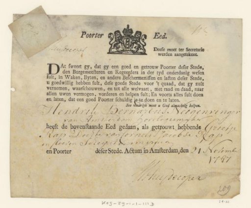 Amsterdam citizen's certificate for Hendrik Bernardus Neegenvinger, 1787
