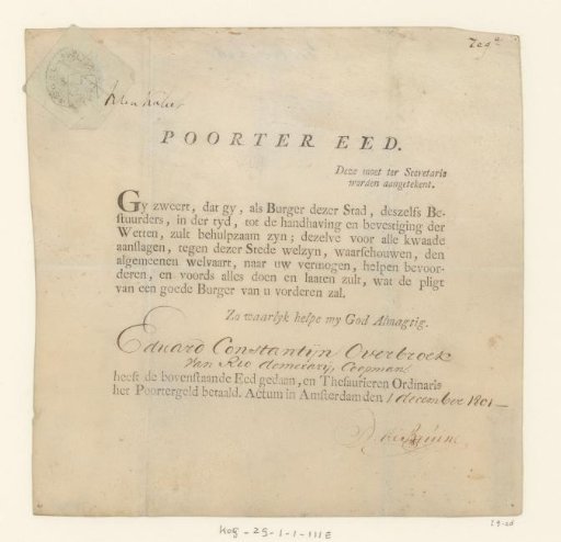 Amsterdam citizen's certificate for Eduard Constantijn Overbroek, 1801