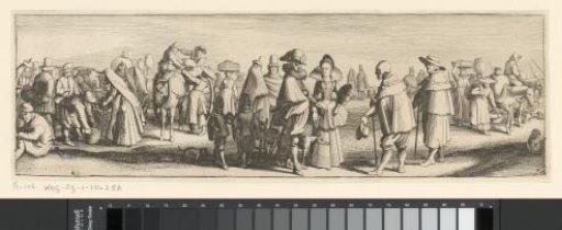 Elegant couple and two pilgrims in the foreground