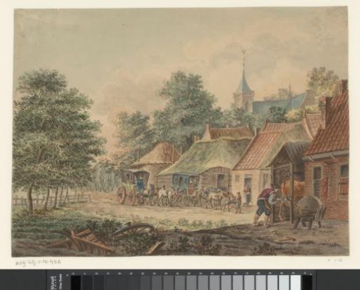 Two Travel Wagons Arriving in a Village with a Blacksmith
