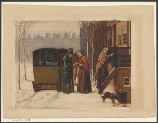 Two women stepping out of a sleigh