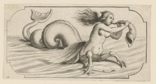 Sea Horse with a Female Upper Body Blowing on a Shell