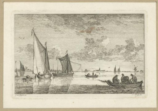 Sailing ships and rowboats on the water