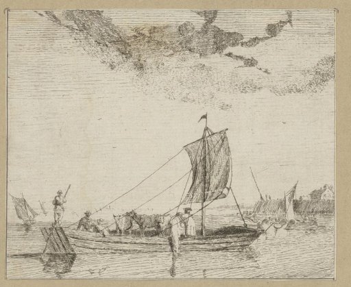 Cattle being ferried by a sailing boat