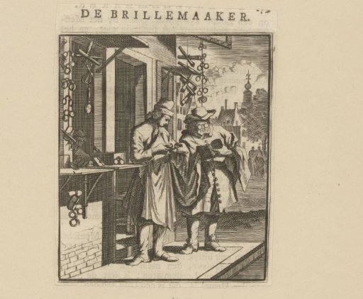 Two men in front of an optician's shop