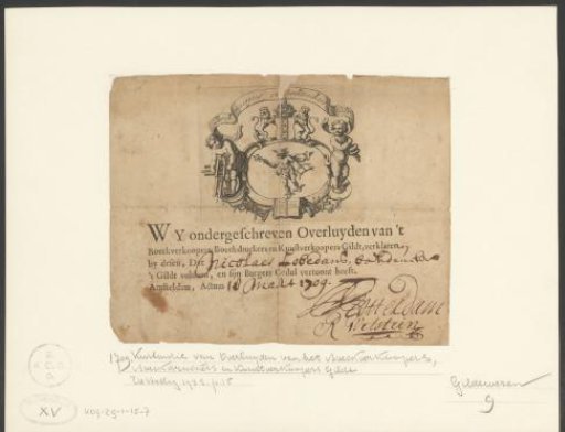 Guild Certificate (Proof of Payment) of the Amsterdam Booksellers, Printers, and Art Dealers Guild for Nicolaes Lobedans