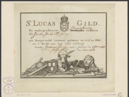 Guild Certificate (Proof of Payment) of the Amsterdam St. Lucas Guild for Jacobes Jouke Flesseling