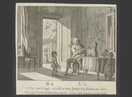 Man showing a clock and hourglass to two children