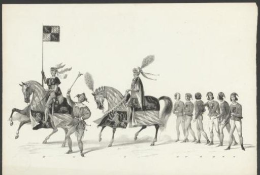 Knights on horseback, court jester, and paths of the duke