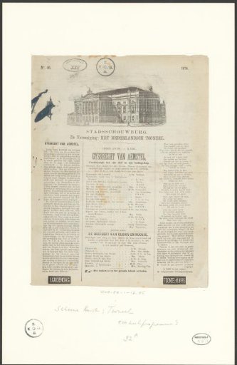Announcement of the Performance Gijsbreght van Aemstel and The Wedding of Kloris and Roosje, 1878