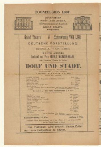 Tooneelgids with an Advertisement for the Performance Dorf und Stadt, 1887