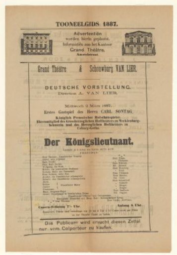 Tooneelgids with an Advertisement for the Performance Der Königslieutnant, 1887