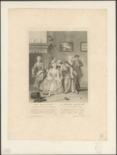 Interior with Saartje on a chair, surrounded by domestic staff