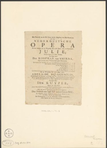 Announcement of four operas, 1780