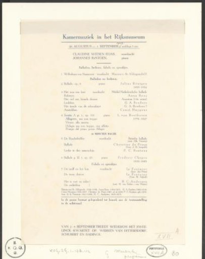 Programme for a performance of chamber music in the Rijksmuseum, 26 August – 1 September 1940