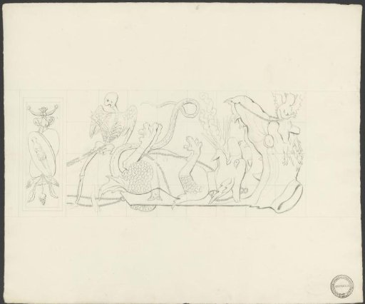 Panel with chained skeleton, dragon and devil