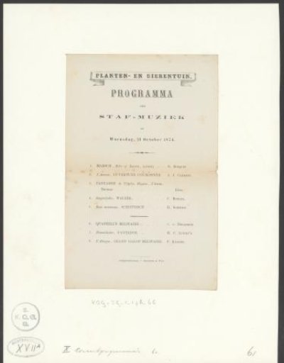 Programme for a concert in the Planten- en Dierentuin on 21 October 1874